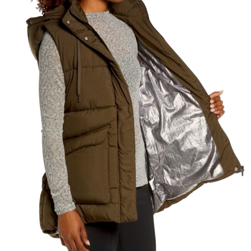 Zella Longline Hooded Zip Up Belted Puffer Vest Olive Green Women’s Sz XXS - Picture 12 of 14